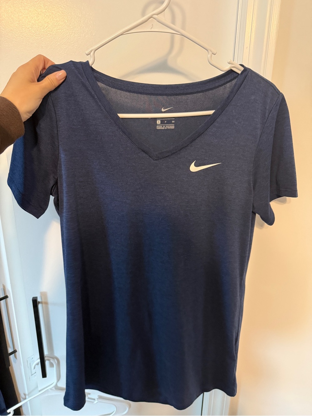 Nike Women's Navy V-Neck Short Sleeve Tee with White Swoosh